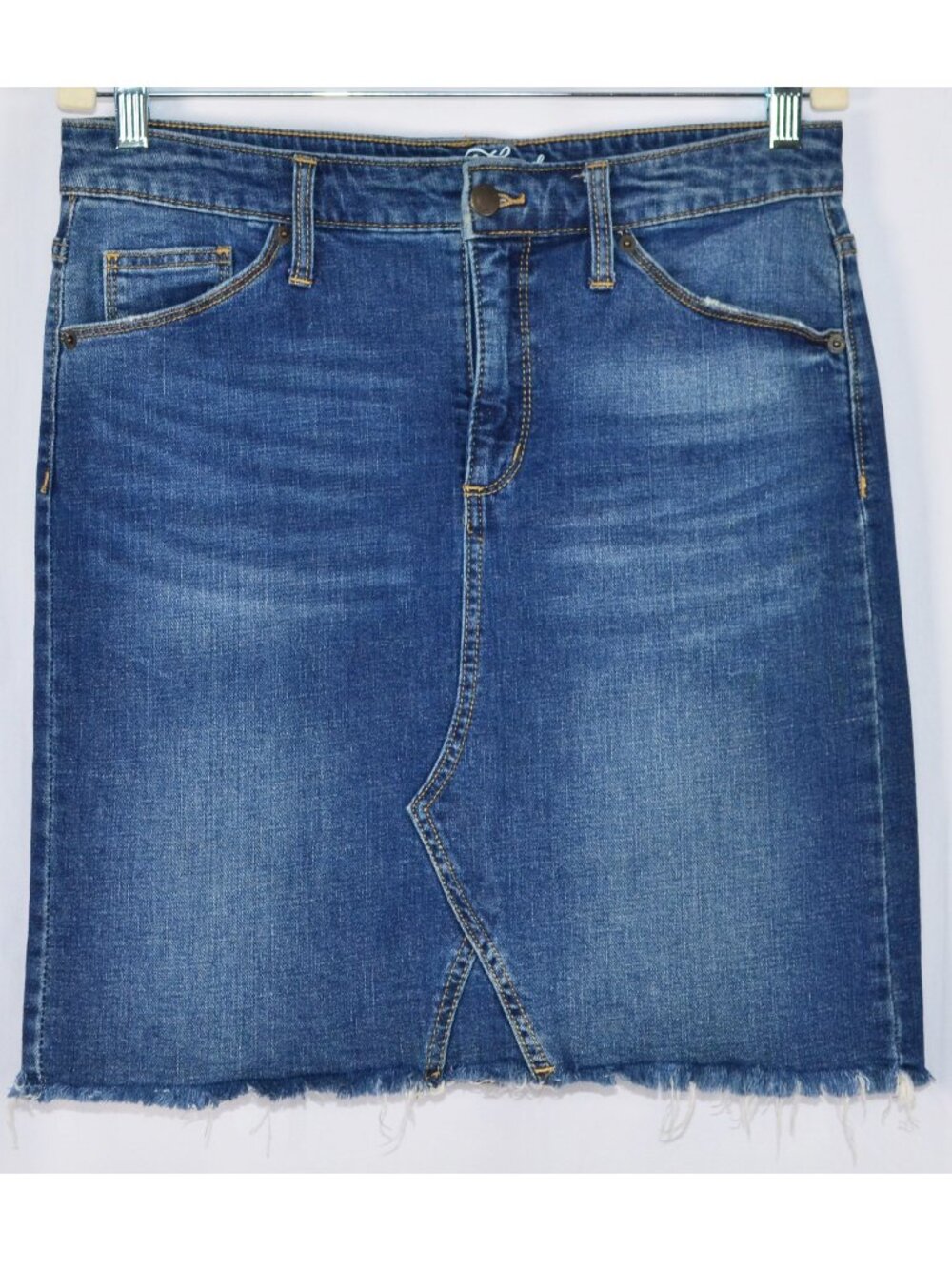 Universal Thread Distressed Dark Blue Wash Frayed Hem Denim Skirt Size 12